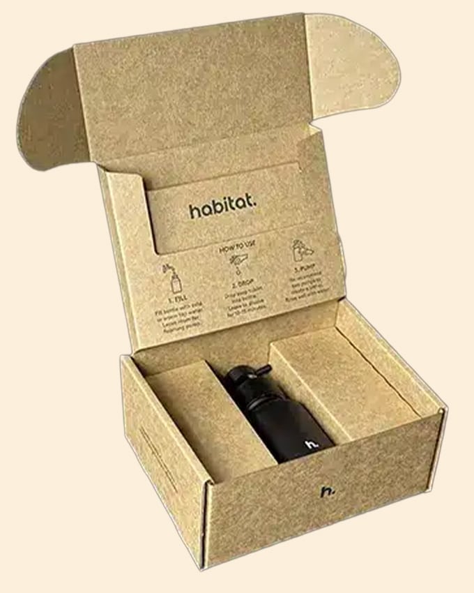 Eco-friendly mailer with a custom insert holding a refillable beauty bottle for safe eCommerce delivery