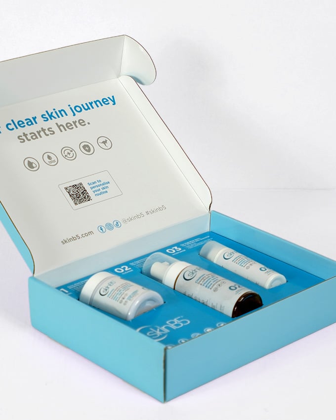 Presentation mailer with custom inserts for skincare product kits.